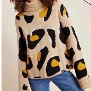 Anthropologie Moth Women's Turtleneck Sweater - Black, Gold, Cream Animal Print